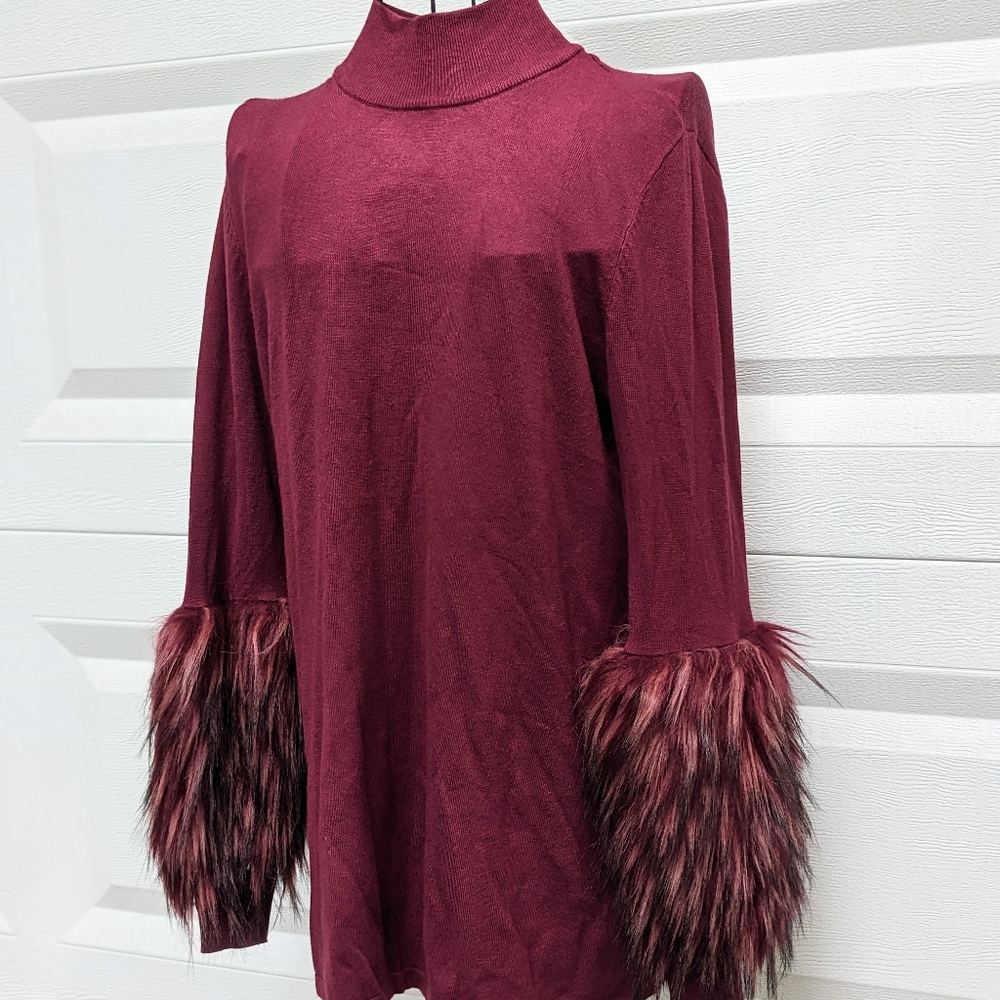 Alfani Burgundy Turtleneck Faux Fur Long Sleeve Top S - Picture 2 of 4
